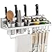 Wall Mounted Pot Pan Rack Multifunctional 6-in-1 Kitchen Bookshelf Storage Rack with Bottle Rack Silverware Caddy Cutlery Blocks Hanger Hooks Pot Organizers Space Aluminum (20inch 2Cups 8Hooks)