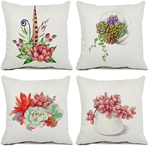 Succulent Decorative Throw Pillow Covers Cotton Linen 4 Packs Cushion Covers Green Plant Pillow Cases for Couch Bedding Home Decor 20 x 20 Inch