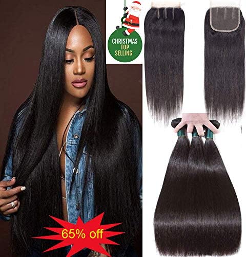 Indian Virgin hair Straight Bundles with Closure Unprocessed 10A Human Hair Closure with 3 Bundles Straight Hair Extension 3Bundles and 4x4Lace Closure Three Part (18 20 22 +16 Closure, Natural Color)