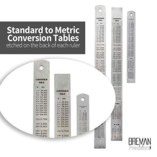 Breman Precision 3-pc Steel Ruler Set I 6 Inch and 2-pc 12 Inch Stainless Steel Straight Edge Rulers with Inch and Metric Graduations I Handy Conversion Table | for Home School Office Engineering