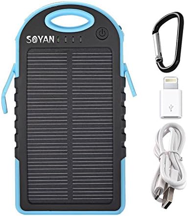 Soyan Solar Panel 5000mah Portable Backup Power Bank Pack Water/ Shock/ Dust Resistant Dual USB Charger 5000mah Solar Battery Panel Dual USB Port Rain-resistant, Dirtproof and Shockproof Portable Charger Backup External Battery Pack Power Bank for Iphone 6, 6 Plus, 5s, 5c, 4s, 4, Ipod Touch, Ipad (An Adapter included),Samsung Galaxy Note 2, Note 3, S2 S3, S4, S5,nexus 4/5/7,moto X, Lg G2/3,sony Xperia Z1 Black and Other Usb-charged Devices (Blue)
