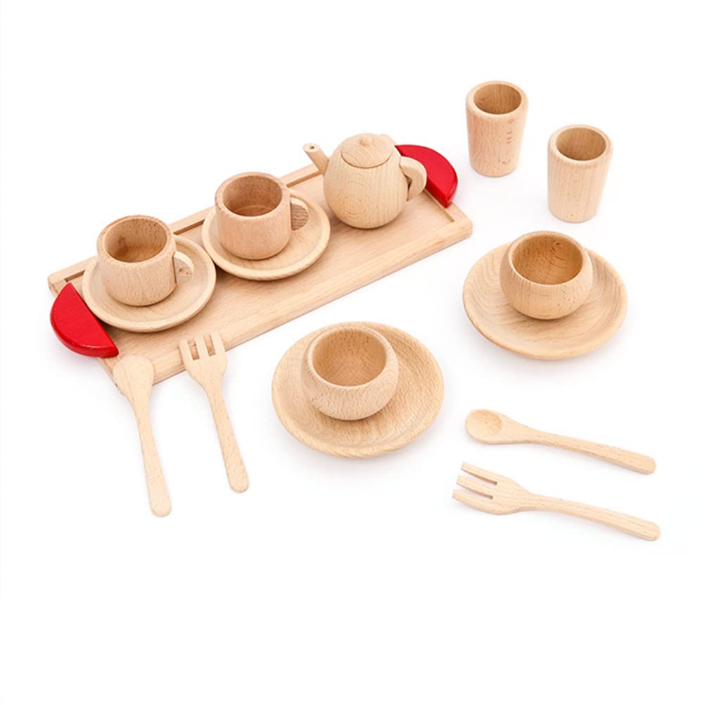 XQKJ 16 Pcs Natural Wooden Kitchen Tea Set Party Role Play Simulation Educational Pretend Coffee Cup Saucer Salver Toy Gift for Preschool Age Toddlers Kids Children Boys Girls