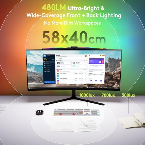 Quntis 66 cm Curved Monitor Lamp with Remote Control and RGB Backlight, Foldable Monitor Light with Automatic Dimming, Adjustable Brightness and Color Temperature
