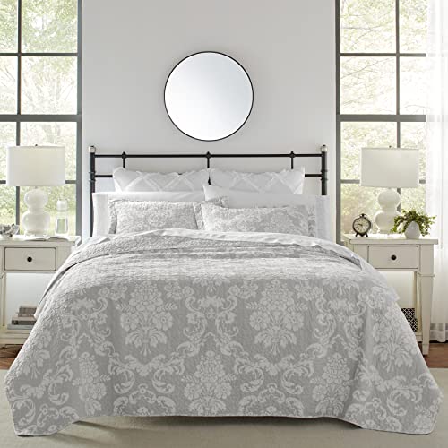 Laura Ashley Cotton Reversible Bedding with Matching Shams, Lightweight Home Decor Ideal for All Seasons, Venetia Grey, Twin Quilt