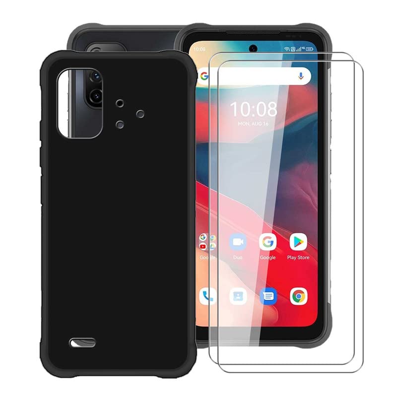 HGJTF Cover for Umidigi Bison 2 (6.50") with 2 Pieces Tempered Glass Film, Black TPU Shockproof Soft Protective Case, Ultra Thin Anti-Scratch Silicone Case for Umidigi Bison 2