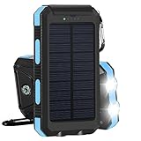 10000mAh Solar Panel Charger Dual USB External Battery with 2LED Flashlight Carabiner Compass, Outdoor Backup Power Pack for iPhone iPad iPod Cell Phone Tablet Camera (Dark blue)