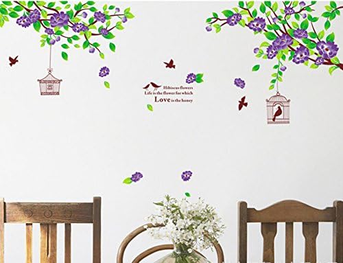 Mega WS Home Decor Mural Vinyl Wall Sticker Hibiscus Flower Tree Branch Birdcages Kids Nursery Room Wall Art Decal Paper
