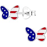 Patriotic July 4th Red, White & Blue American Flag Butterfly Stud Earrings, 925 Sterling Silver