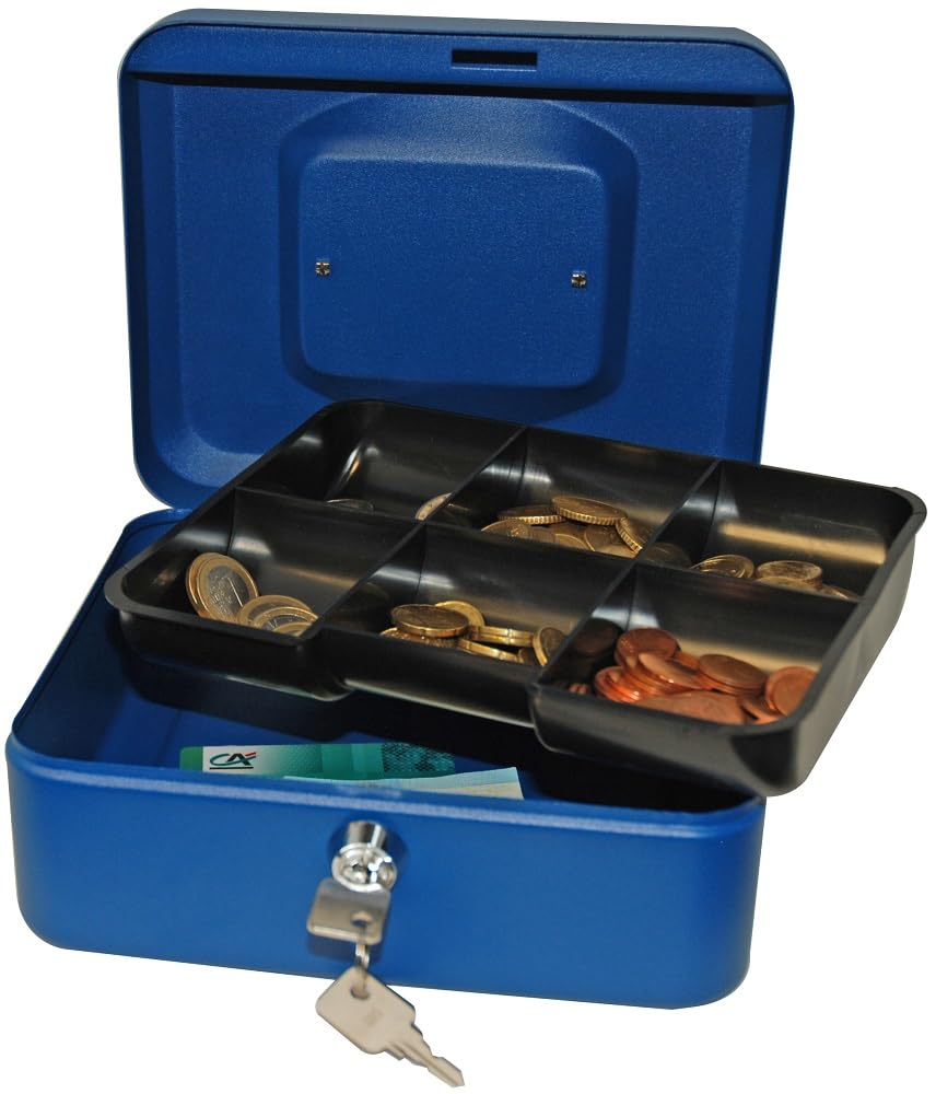 Reskal - Lockable metal cash box 20 x 16 x 9 cm blue with coin holder and 2 keys included