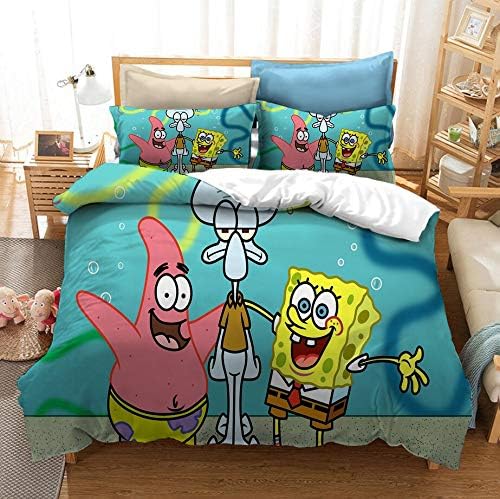FRECASA Spongebob Squarepants Bedding Duvet Cover Set 3 Piece 3D Print Patrick Star Squidward Tentacles for Kids 1 Duvet Cover with 2 Pillow Shams