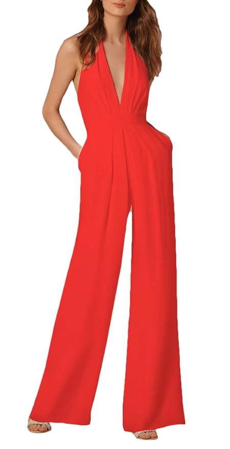 BoBoLily Damen Sommer Overalls Jumpsuits Elegant Lang Breites Bein Ärmellos V-Ausschnitt Frauen Romper Taille Rückenfrei Slim