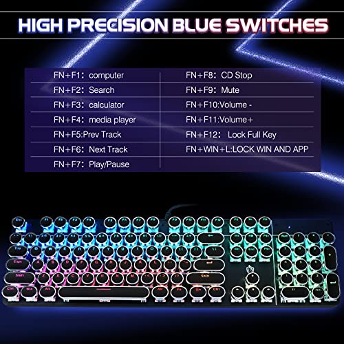 YSCP Typewriter Style Mechanical Gaming Keyboard RGB LED Backlit Wired