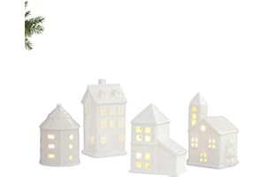 TCUDCKI White Christmas Houses Ceramic 4PCS Christmas Village Set with Built in Led Lights for Tabletop Mantle Décor