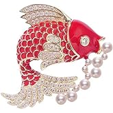 songbowen Red Carp Brooch Pearl Brocade Carp Brooch Water Rhinestone Enamel Fish Lapel Pin Chinese Crystal Animal Collar Pin Ladies' Jewelry Gift