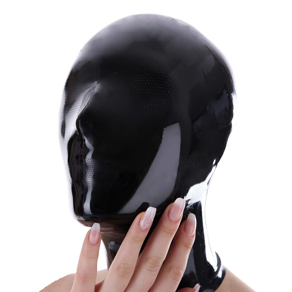 EXLATEX Latex Hood Mask Rubber Catsuit Pinholes for Mouth Eyes and Nose with Zipper Latex Mask (M-0.6mm, Black-no zipper)