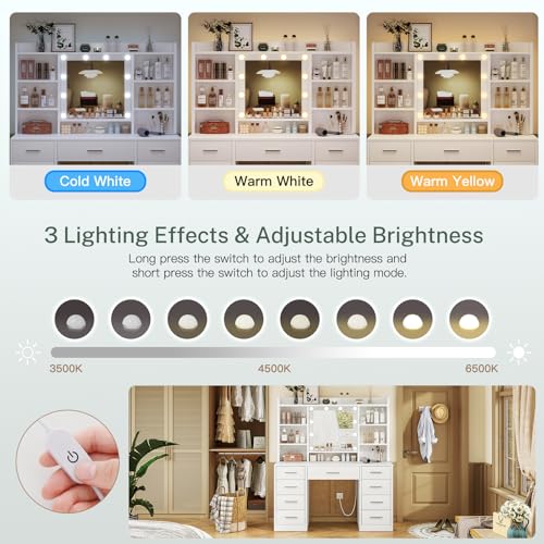 TEENFON 9 Drawers Vanity Desk with Large Mirror and 10 Lights, Makeup Vanity with Power Outlet & 9 Open Storage Shelves, 3 Lighting Modes Brightness Adjustable for Bedroom, White