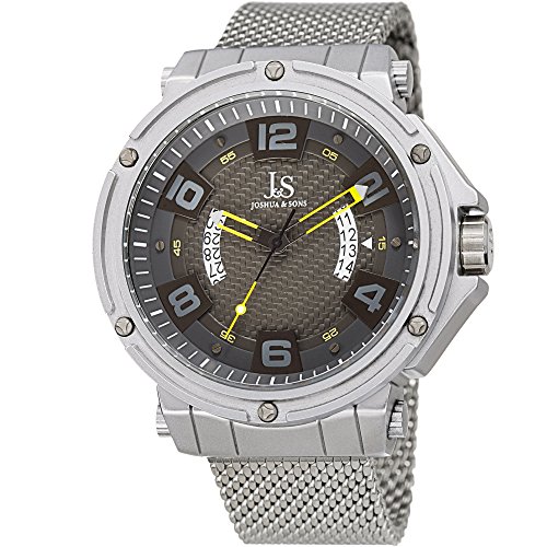 Joshua & Sons Designer Men's Watch  Stainless Steel Mesh Bracelet Band and Grey Dial - Large Round Case with Matte Bezel and Exposed Double Date Wheel - JX132YL