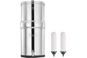 FACHIOO 2.25 Gallon Stainless Steel Gravity-Fed Water Filter System with 2 White Ceramics Purification Washable Filter, Portable Countertop Filter System for Home and Outdoor Camping Use
