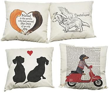 RainbowElk Set of 4 Creative dachshund pattern Linen Pillowcase Sofa Home Decor Cushion Cover , Pillow Insert:No