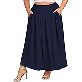 Moon Wood Women's Plus Size High Waist Elastic Long Maxi Skirt Flowy Pleated A-Line Casual Swing Summer Skirt with Pockets