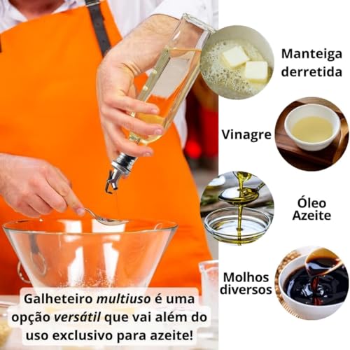 Kit 2 Porta Azeite e Vinagre de Vidro 500ml Premium Galheteiro com Tampa Dosadora Dispenser para Óleo Molhos e Temperos Garrafa Transparente Multiuso Econômica e Saudável para Cozinha 500ml Premium
