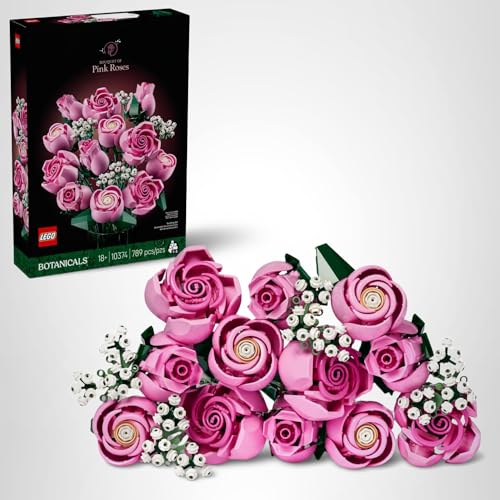 LEGO BOTANICALS BOUQUET OF PINK ROSES ARTIFICIAL FLOWERS – BUILDING BLOCKS FOR ADULTS, AGES 18+ – GIFTS FOR BIRTHDAYS FOR HER – FLOWERS FOR HOME OFFICE, SHELF OR ROOM DECOR – 10374