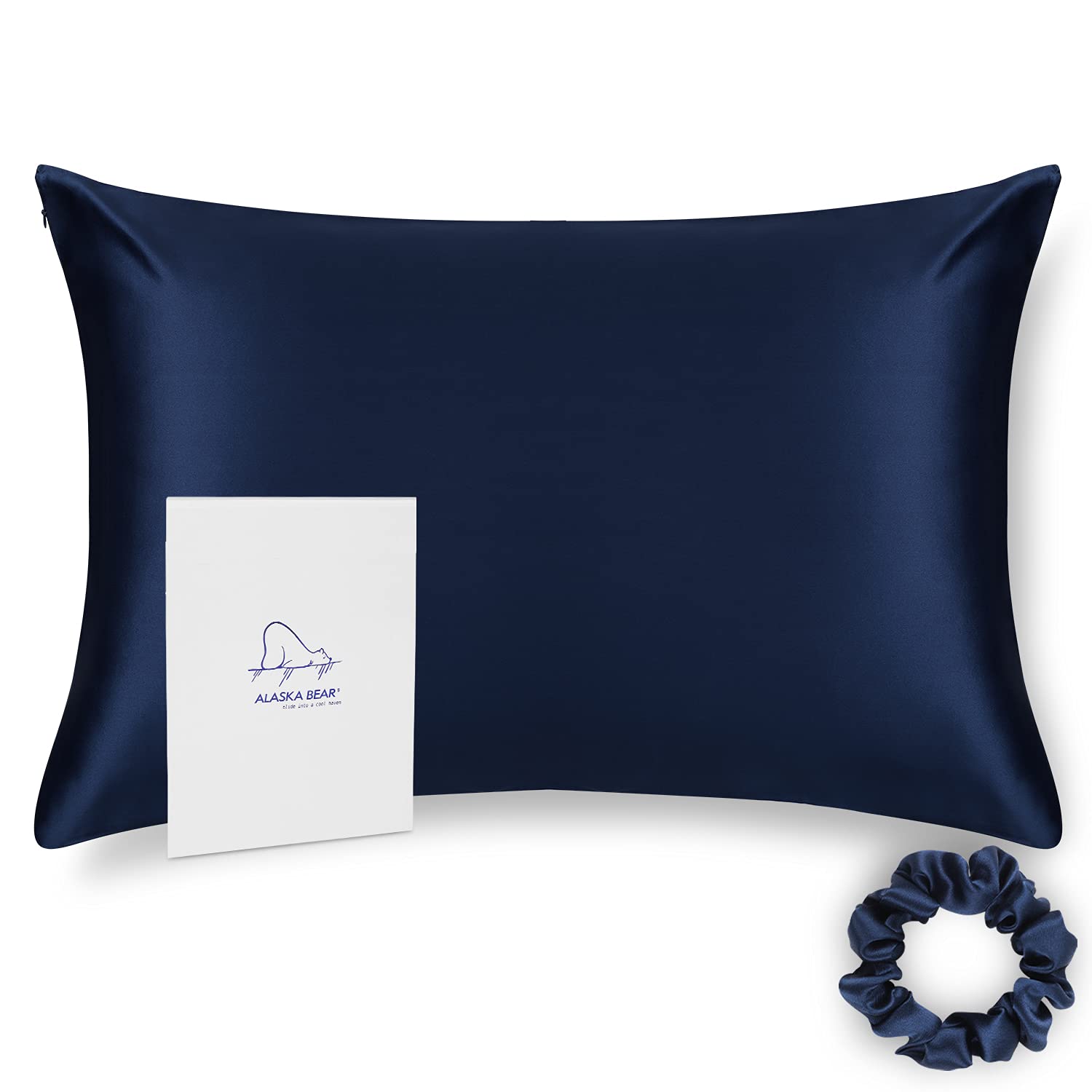 ALASKA BEAR - Natural Silk Pillowcase, Hypoallergenic, 19 momme, 600 thread count 100 percent Mulberry Silk, King Size 50x90 cm with hidden zipper(Navy Blue)