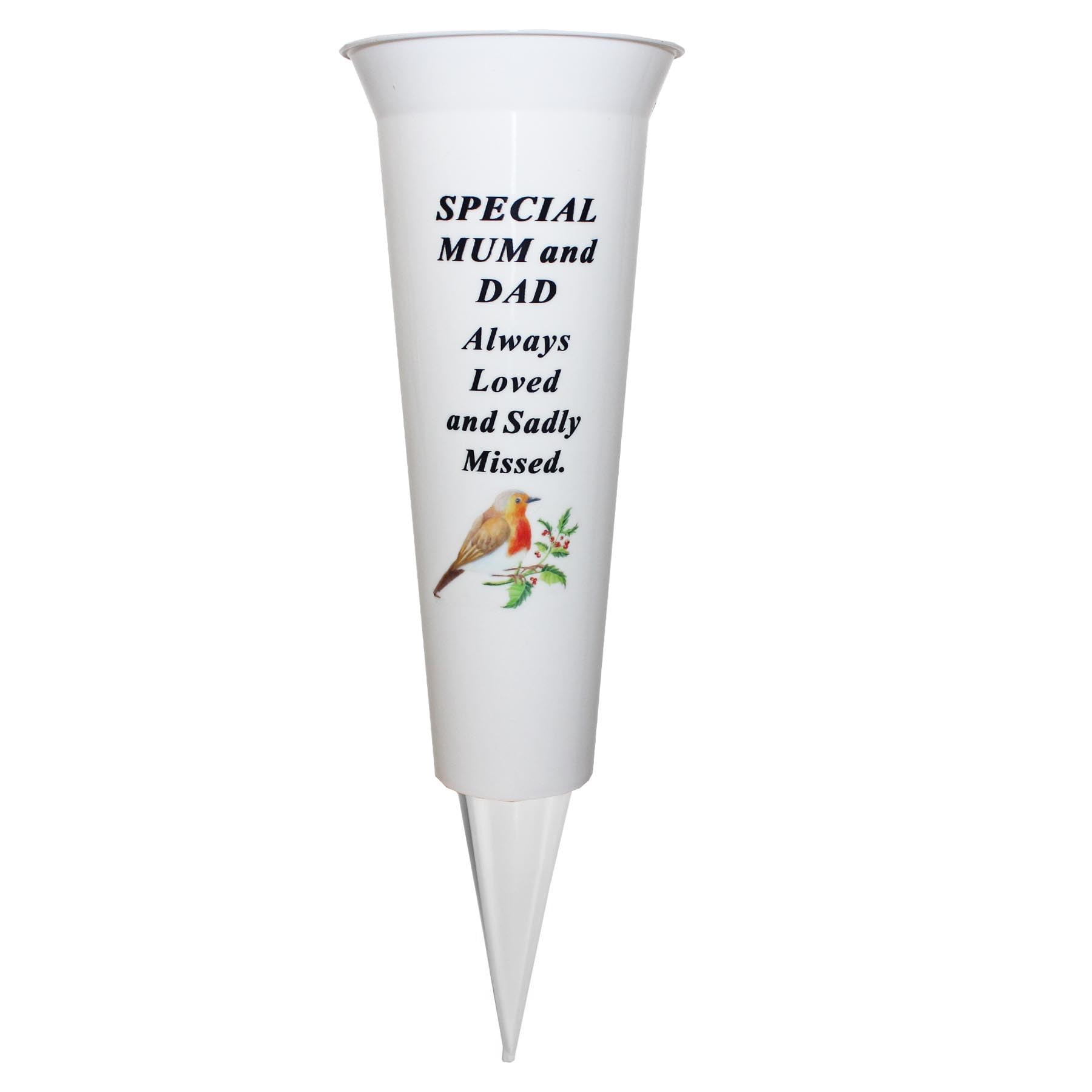 Memorial Grave Flower Pot - 33cm tall Sturdy White Memorial Graveside Flower Vase with Spike and Robin Image (Special Mum and Dad)