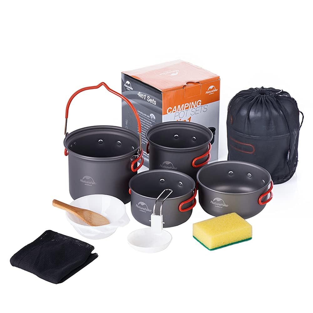 Naturehike Camping Cookware Set Aluminium, Improved Version with Hook, Easy Stackable Picnic Pot Camping Tableware for Backpacking, Hiking and Picnic Black Upgrade