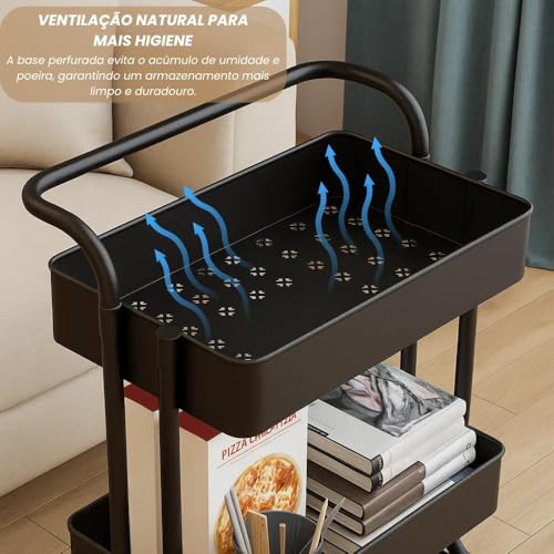 Carrinho Organizador Multiuso 3 Andares com Rodinhas — Estante Móvel para Banheiro, Cozinha, Lavanderia e Escritório, Aço Inox com Cestos Removíveis, Preto