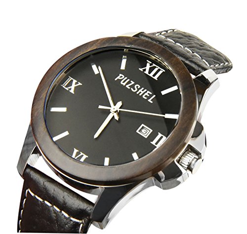 Puzshel Mens Watch with Classic and Rich Look, Silver Stainless Steel Lug and Black Sandalwood Wood Frame, Antique Black Genuine Leather Band, Swiss Movement Puzshel Mens Watch with Classic and Rich Look, Silver Stainless Steel Lug and Black Sandalwood Wood Frame, Antique Black Genuine Leather Band, Swiss Movement