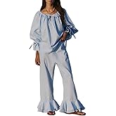 ROAONOCOMO Women Ruffle Pajama Set Long Puff Sleeve Babydoll Shirt Pants Set Gingham 2 Piece Lounge Outfit Sleepwear
