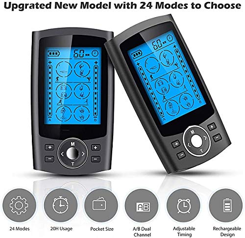 Estimulador Muscular de 24 Modos de Unidad TENS EMS de Doble Canal, Masajeador de Pulso Recargable con 8 Almohadillas de Electrodos, Artritis, Rigidez Muscula