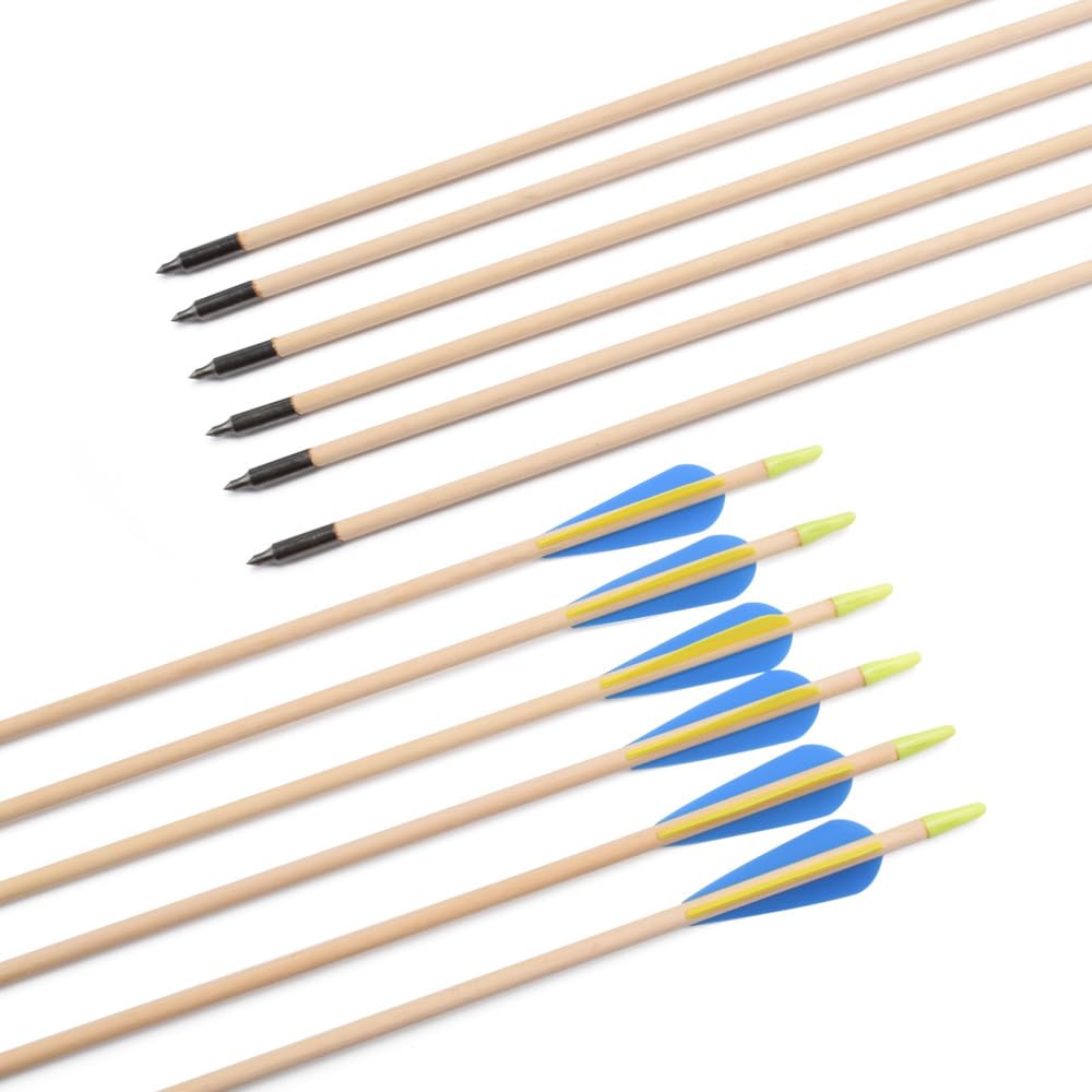 32 Inch Wood Arrows Hunting Practice Target Arrow 3 Inch Plastic Vane Fletching for Archery Traditional Recurve Bow Horsebow Longbow (Pack of 12)