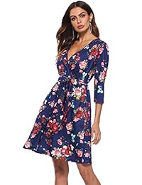 TCA TOLO & CARA Vestido a media pierna para mujer Floral Summer Boho Vintage Beach Escote en V 2 3 Manga con cinturón Cintura