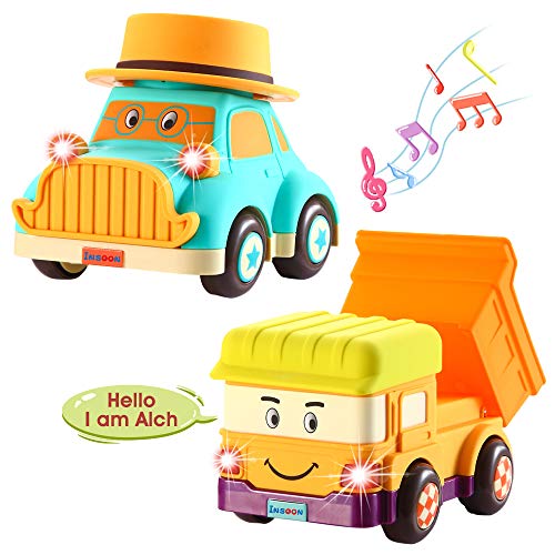 Insoon Toddlers Toy Cars for Girls and Boys 2 Pack of Talking Cartoon Cars Playset Toy Trucks and Vintage Cars Run with Music for Kids Who Love Vehicle Toys