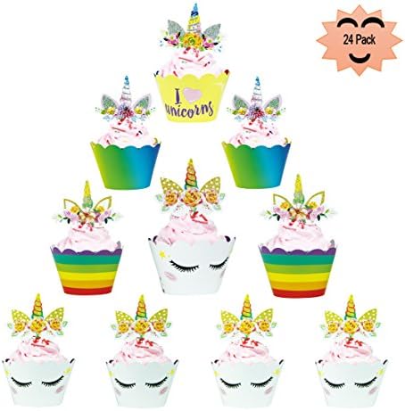 Unicorn Cupcake Toppers and Wrappers, Aucheer Rainbow Unicorn Cupcake Decorations Double Sided Cake Decor for Girl Birthday Party Baby Shower - Set of 24
