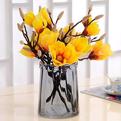 Magnolia Flower Glue Simulation Artificial Flowers Placed In The Living Room Creative Decorative Floral Decoration, Grey Vase Magnolia Flower (Yellow),4543Cm