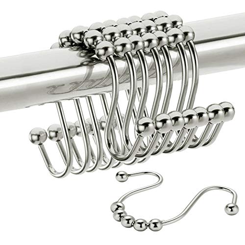 Double Head Shower Curtain Hooks Rings, Stainless Steel Heavy Duty Roller Double Glide Shower Hooks for Bathroom Shower Rod Curtains Liners,Polished Shower Curtain Rings Set of 12 (Polished Chrome) - Thumbnail 6