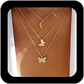 Iaceble Boho Layered Gold Choker Necklace Crystal Butterfly Pendant Necklace Cz Crescent Necklaces Choker Jewelry for Women