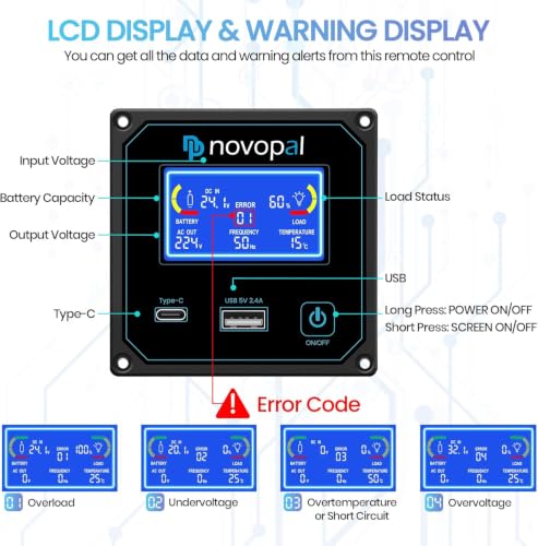 NOVOPAL 2000W Pure Sine Wave Inverter 24V to 230V 240V Car Power Converter with LCD Display, 2 UK Outlets,1 USB Port,Remote Control for Motorhomes, Truck, Boat, Camping, Household, Van