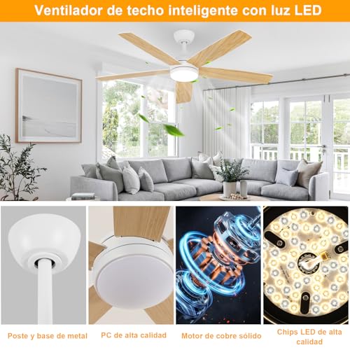 Dorlink Ceiling Fan Lamp with Remote Control, Ø132 cm, 6 Speeds, Timer, 34W DC Motor, Summer-Winter Function, Fan Lamp for Indoor Bedroom, Natural Wood Colour/White