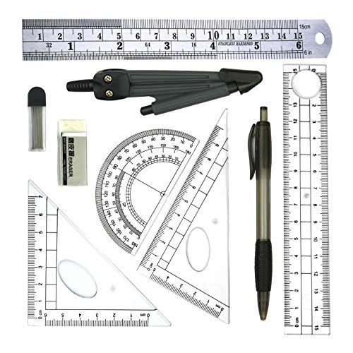 9 Piece Geometry School Set,with Quality Compass, Set Squares, Protractor,Drawing Compass Math Geometry Tools (9 pcs)