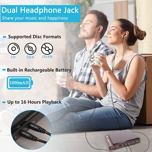 Portable CD Player, Rechargeable CD Player Walkman with Double Headphone Jack, Anti-Skip CD Player Personal Compact CD Player for Car & Home & Travel - Toddler, Kids, Students, Adults