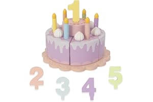 WoodenEdu Pretend Play Food for Toddlers 2-5,Wooden Birthday Fake Cake with Candles and Numbers,Tea Party Learning Kitchen Gift Toys for Boys Girls (Cream Cake)