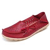 Fantiny Women's Genuine Leather Loafers Casual Moccasin Driving Shoes Indoor Flat Slip-On SlippersMMX2-Red-39