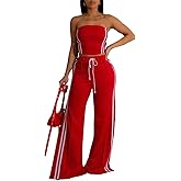 Lingt Chic Women's 2 Piece Summer Outfits Strapless Striped Crop Top & High Waist Wide Leg Pants Set Casual Outfit