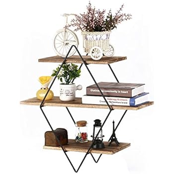 Homode Floating Shelves, 3 Tier Geometric Diamond Wall Shelves, Wood and Metal Art, Rustic Farmhouse Decor