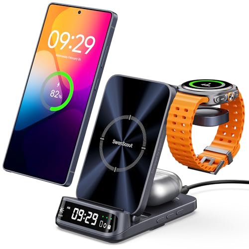 Wireless Charging Station for Samsung, 3 in 1 Wireless Charger for Samsung S25 Ultra/S25+/S25/S24/S23/S22/Z Flip/Fold7, for Galaxy Watch 7/Ultra/FE/6/5/Buds 3 Pro, SwanScout 708S (NO Adapter)