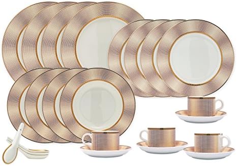 TransSino Treasures Bone China 24 Piece Dinnerware Set Grid Patterns in Gradient Burgundy, Service for 4
